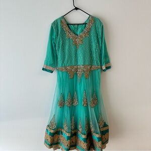 Teal Maxi Salwar Kameez Dress with Gold Embroidery